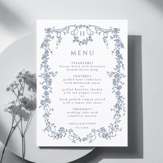 Menu Classic French Victorian Blue Frame Wedding
