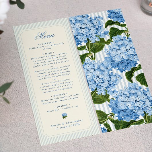 Menu Classic Light Blue Stripes Hydrangea Wedding