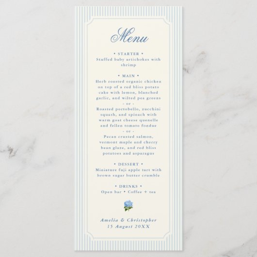 Menu Classic Light Blue Stripes Hydrangea Wedding (Devant)