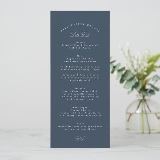 Menu Classic Navy Blue Calligraphy Formal Wedding (Debout devant)