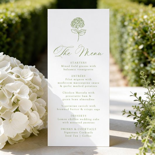 Menu Classic Olive Green Hydrangea Wedding
