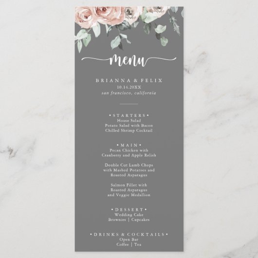 Menu Classic Rose Rose Floral Gris Mariage Dîner (Devant)