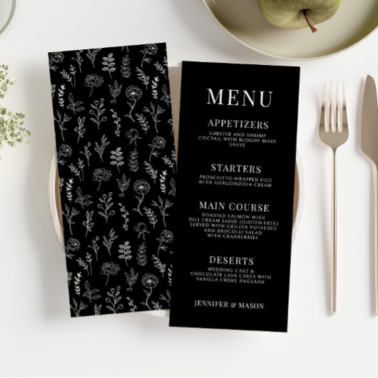 Menu classique à fleurs noires minimaliste mariage