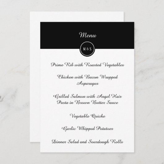 Menu classique de réception de mariage noir et bla (Devant / Derrière)
