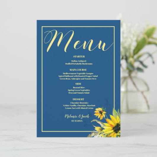 Menu classique mariage de tournesol bleu (Debout devant)