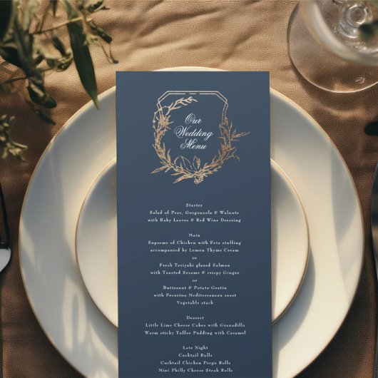 Menu classique marine or botanique motif crest Mariage