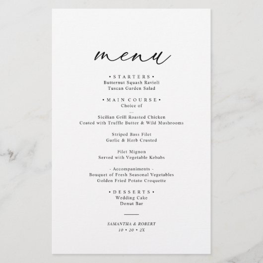 Menu classique Noir et Blanc élégant Mariage (Devant)