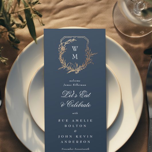 Menu classique or marine motif floral monogramme Mariag