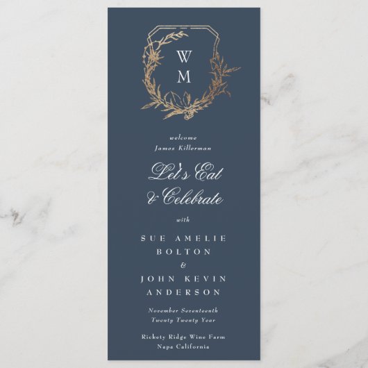 Menu classique or marine motif floral monogramme Mariag (Dos)