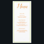 Menu Classique orange et verte<br><div class="desc">Un design d'inspiration orange et verte, ce menu de réception de mariage est composé d'un bel arrière - plan blanc avec une police orange. Avec "Menu" en haut avec une police orange cursive, toutes vos informations sont imprimées en caractères orange lisibles sur un arrière - plan blanc. Customisez comme vous...</div>
