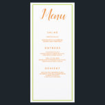 Menu Classique orange et verte<br><div class="desc">Un design d'inspiration orange et verte, ce menu de réception de mariage est composé d'un bel arrière - plan blanc avec une police orange. Avec "Menu" en haut avec une police orange cursive, toutes vos informations sont imprimées en caractères orange lisibles sur un arrière - plan blanc. Customisez comme vous...</div>