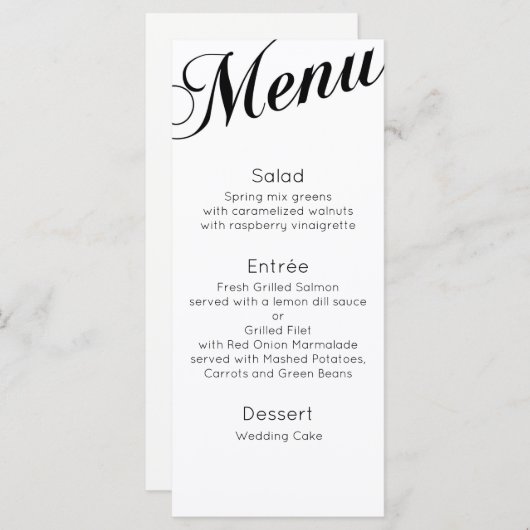 Menu classique pour le dîner. Table mariage tradit (Devant / Derrière)