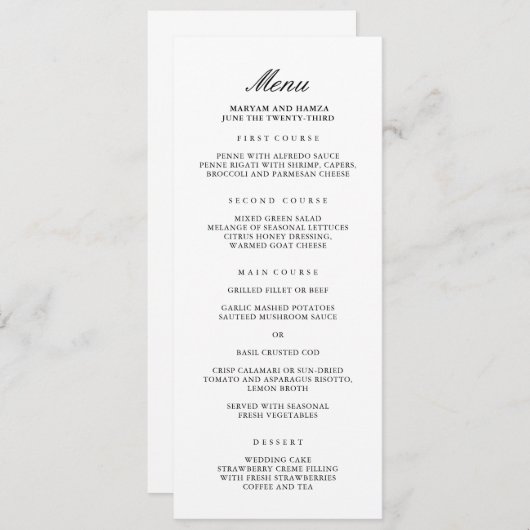 Menu Classique Soir De Mariage Élégant (Devant / Derrière)