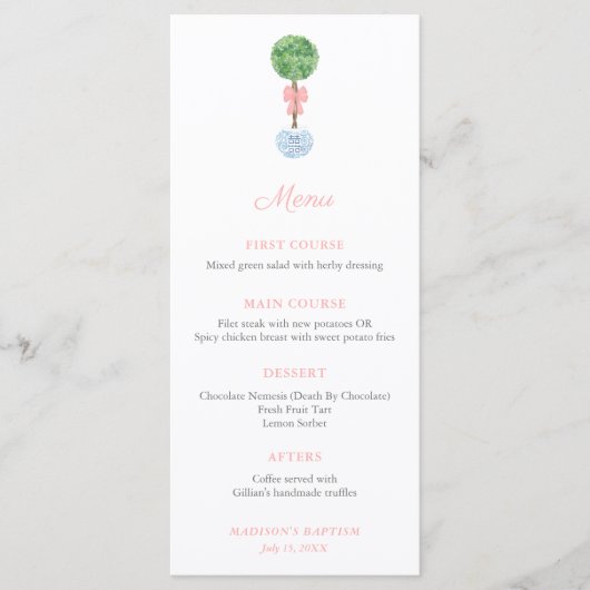 Menu Classique Topiary Pink Bow Baby Girl Baptism Party (Devant)
