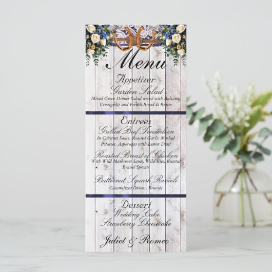 Menu Clés de fer à cheval, ruban et dentelle - Mariage  (Debout devant)