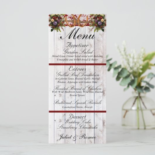 Menu Clés de fer à cheval, ruban et dentelle - Mariage (Debout devant)