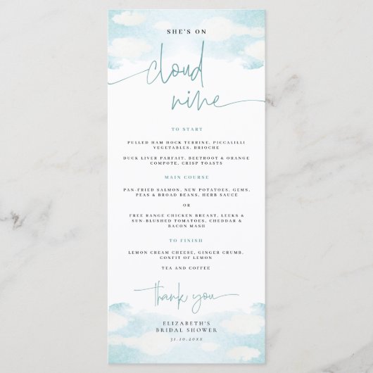 Menu Cloud 9 Fête des mariées de rêve bleu et blanc (Devant)