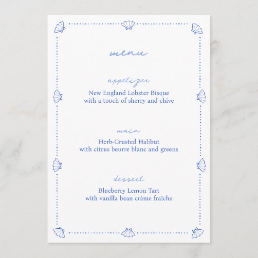 Menu Coastal Chic Shell Bordure Bleu et Blanc Mariage (Devant)