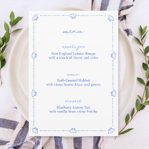Menu Coastal Chic Shell Bordure Bleu et Blanc Mariage