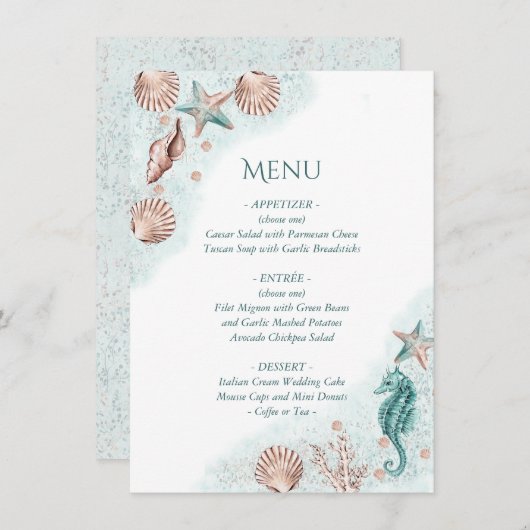 Menu Coastal Chic | Turquoise Green et Coral Reef Party (Devant / Derrière)