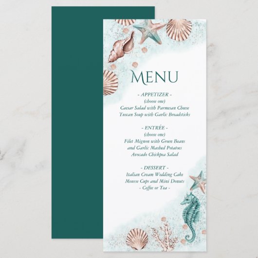 Menu Coastal Chic | Turquoise Green et Coral Reef Party (Devant / Derrière)