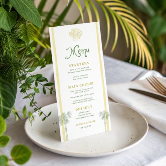 Menu Coastal Yellow Stripes Seashell Palm Tree Wedding