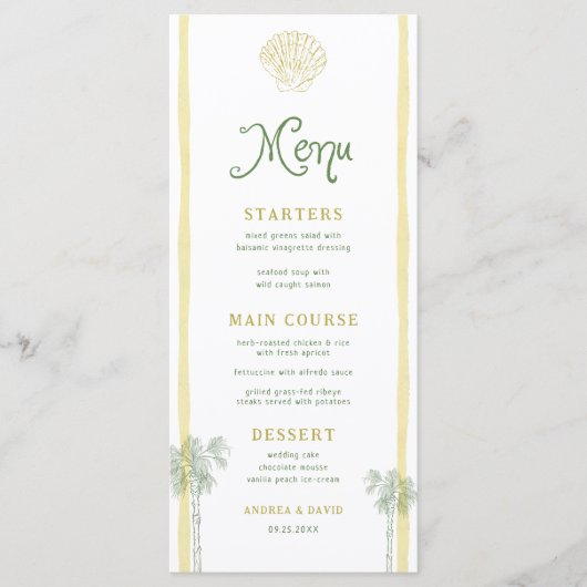Menu Coastal Yellow Stripes Seashell Palm Tree Wedding (Devant)