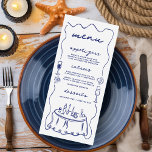 Menu Cocktail Dessin Côtier Mariage de coquillages<br><div class="desc">Charmant et décontracté menu de mariages à thème côtier qui présente des doodles dessinés à la main en bleu marine nautique sur un arrière - plan blanc cassé. Les illustrations comprennent des verres à cocktails au champagne et au vin, des coquillages, un cadre de table et une bordure ondulée. Le...</div>