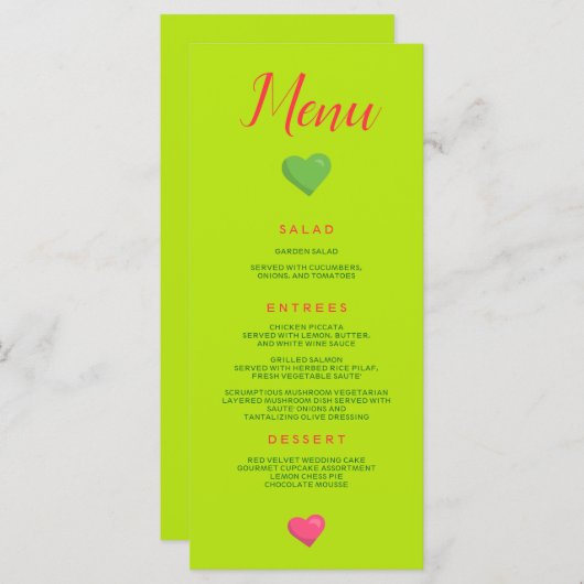 Menu Coeur Mariage Vert (Devant / Derrière)