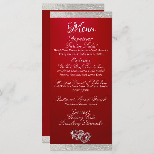 Menu Coeurs et monogramme - Mariage Crimson/Argent (Devant / Derrière)