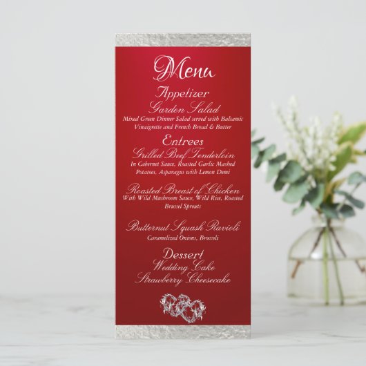 Menu Coeurs et monogramme - Mariage Crimson/Argent (Debout devant)