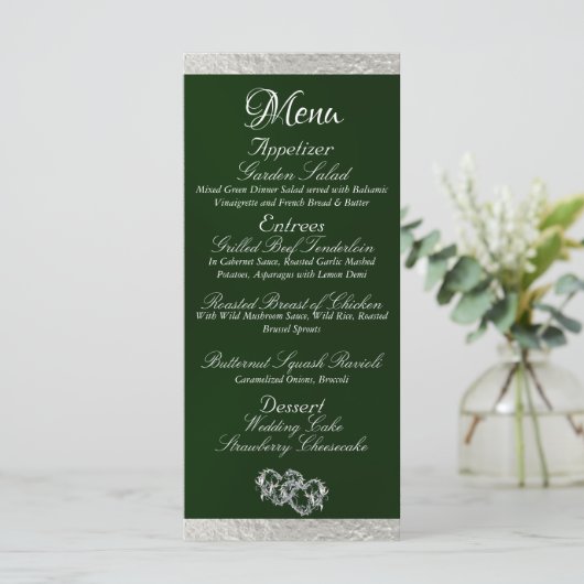 Menu Coeurs et monogramme - Mariage Emeraude/Argent (Debout devant)