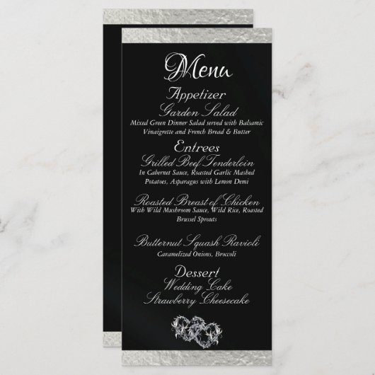 Menu Coeurs et monogramme - Mariage noir/argent (Devant / Derrière)