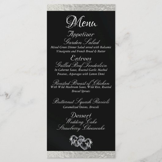 Menu Coeurs et monogramme - Mariage noir/argent (Devant)