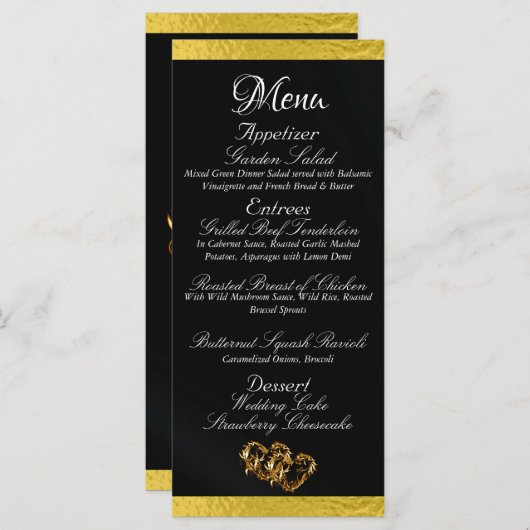 Menu Coeurs et monogramme - Mariage noir/or (Devant / Derrière)