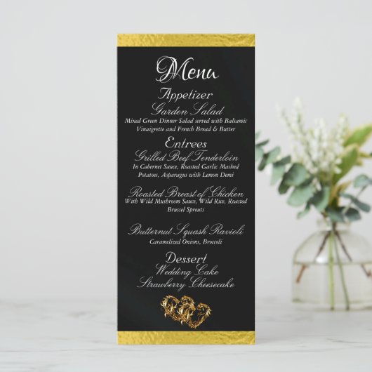 Menu Coeurs et monogramme - Mariage noir/or (Debout devant)