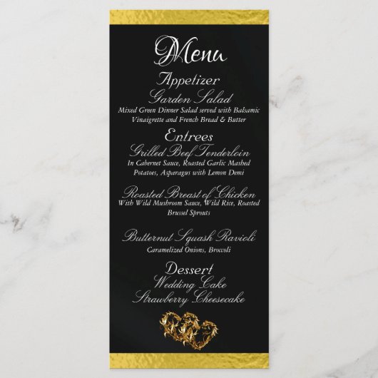 Menu Coeurs et monogramme - Mariage noir/or (Devant)