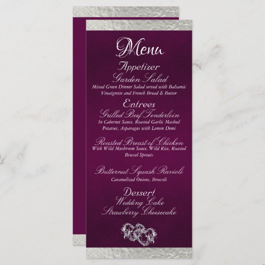 Menu Coeurs et monogramme - Mariage violet/argenté (Devant / Derrière)