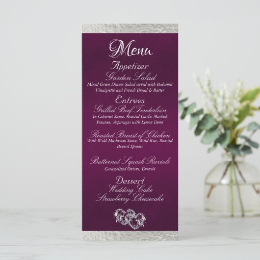 Menu Coeurs et monogramme - Mariage violet/argenté (Debout devant)