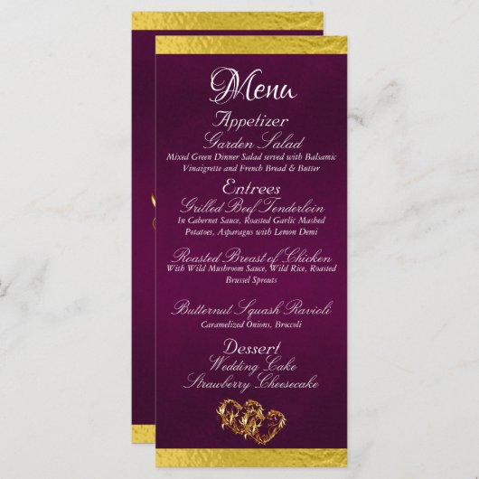 Menu Coeurs et monogramme - Mariage violet/or (Devant / Derrière)
