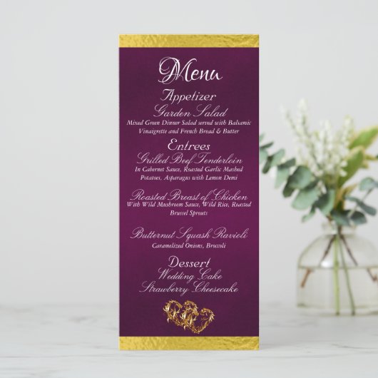 Menu Coeurs et monogramme - Mariage violet/or (Debout devant)