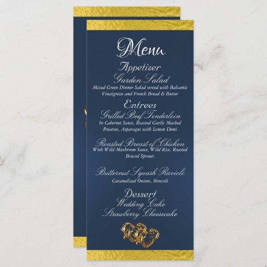 Menu Coeurs & Monogramme - Mariage bleu/or (Devant / Derrière)