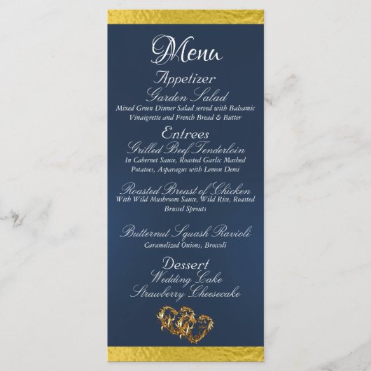Menu Coeurs & Monogramme - Mariage bleu/or (Devant)
