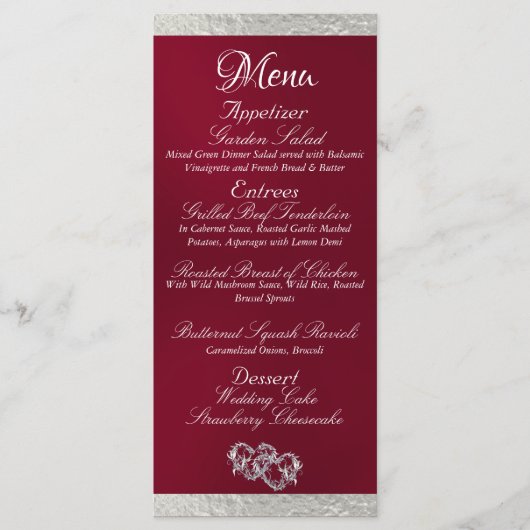 Menu Coeurs & Monogramme - Mariage Bourgogne/Argent (Devant)