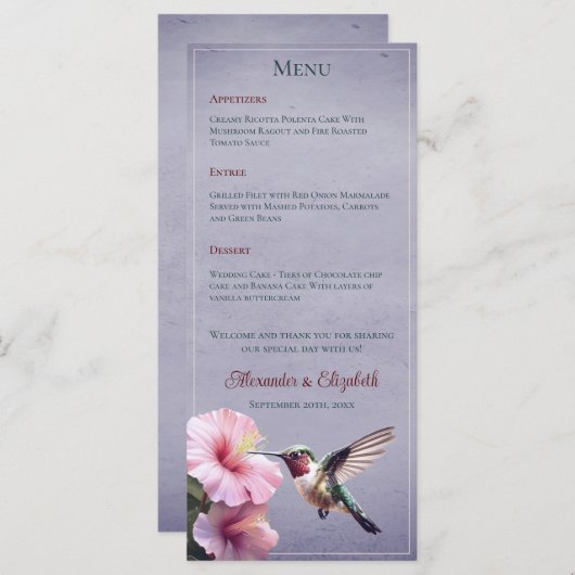 Menu Colibri et Hibiscus | Mariage pourpre (Devant / Derrière)