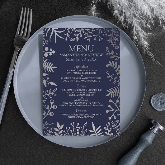 Menu Collection de Mariages floraux en argent et marine