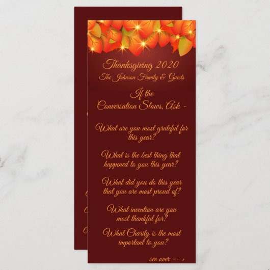 Menu Commencer la conversation de la feuille de Thanksg (Devant / Derrière)