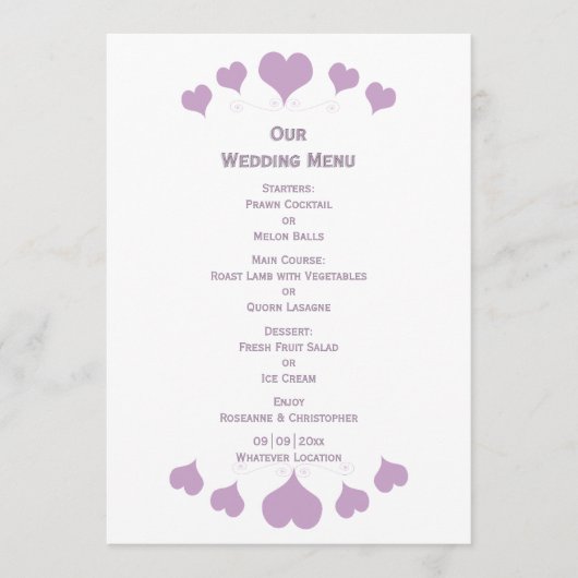 Menu Conception de cœurs de lilas pour mariage (Devant)