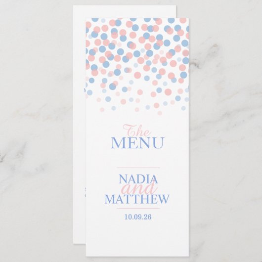 Menu Confetti bleu rose mariage dîner (Devant / Derrière)