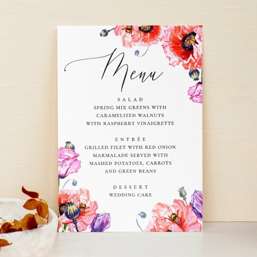 Menu Coquelicots. Mariage floral script rouge aquarelle